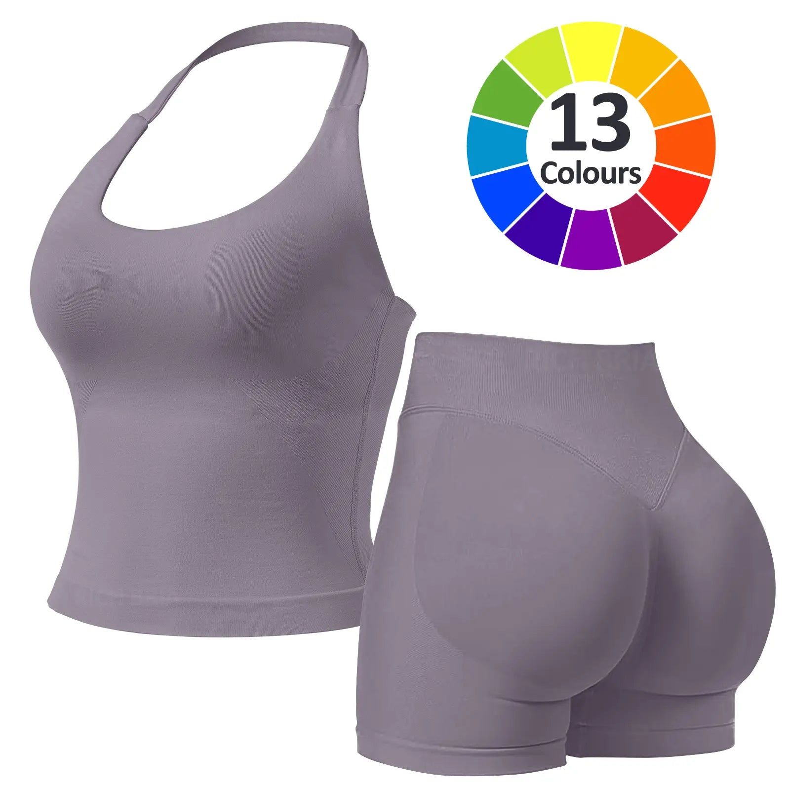 RICH BRIA Women'S Solid Color Halter Top & High Waist Shorts Sports Set, Sporty Breathable Quick Drying Outfits for Yoga Gym Fitness Running, Ladies Sportswear for Summer, Workout Clothes, Workout Gym Clothing, Athletic Sports Clothing, Athleisure Wear