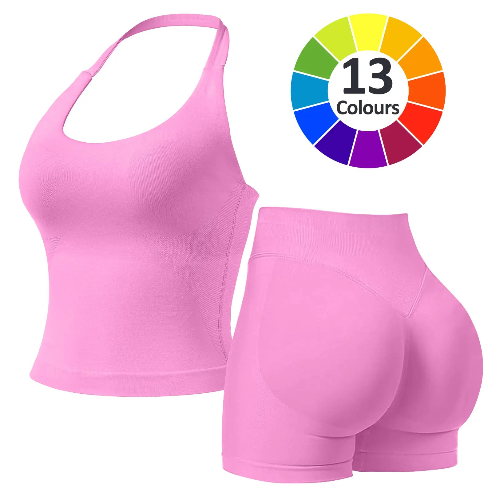RICH BRIA Women'S Solid Color Halter Top & High Waist Shorts Sports Set, Sporty Breathable Quick Drying Outfits for Yoga Gym Fitness Running, Ladies Sportswear for Summer, Workout Clothes, Workout Gym Clothing, Athletic Sports Clothing, Athleisure Wear