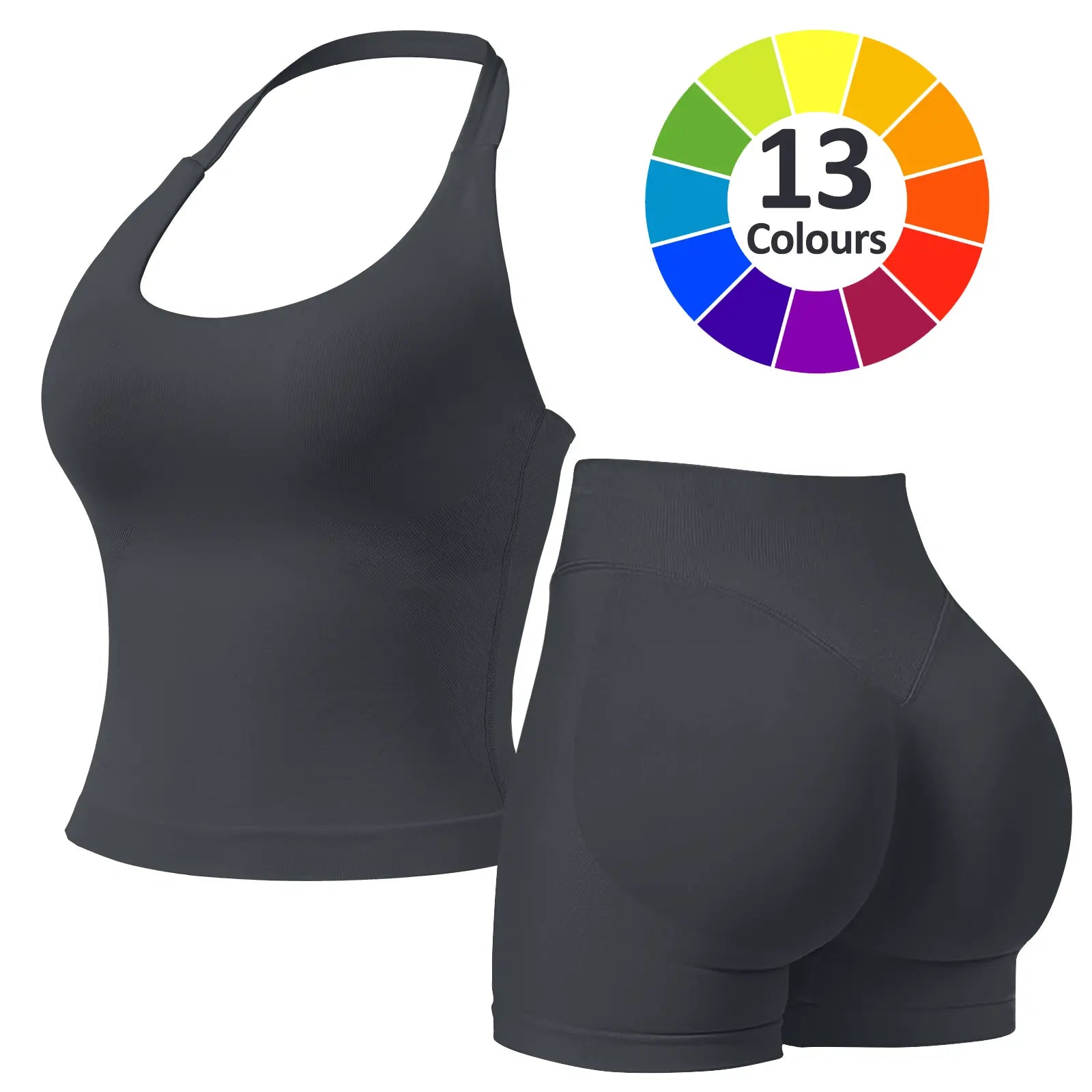 RICH BRIA Women'S Solid Color Halter Top & High Waist Shorts Sports Set, Sporty Breathable Quick Drying Outfits for Yoga Gym Fitness Running, Ladies Sportswear for Summer, Workout Clothes, Workout Gym Clothing, Athletic Sports Clothing, Athleisure Wear