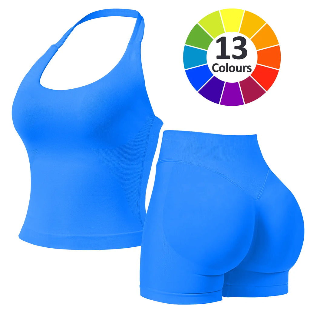 RICH BRIA Women'S Solid Color Halter Top & High Waist Shorts Sports Set, Sporty Breathable Quick Drying Outfits for Yoga Gym Fitness Running, Ladies Sportswear for Summer, Workout Clothes, Workout Gym Clothing, Athletic Sports Clothing, Athleisure Wear