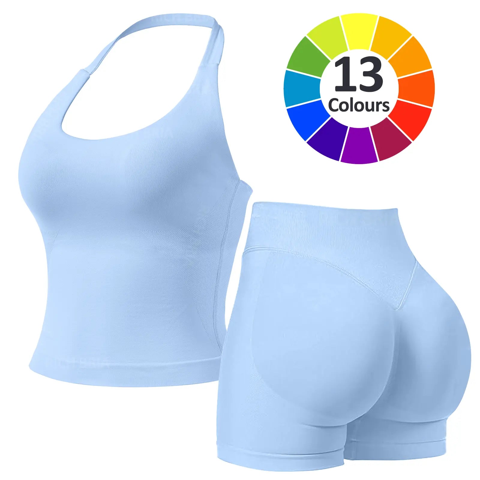 RICH BRIA Women'S Solid Color Halter Top & High Waist Shorts Sports Set, Sporty Breathable Quick Drying Outfits for Yoga Gym Fitness Running, Ladies Sportswear for Summer, Workout Clothes, Workout Gym Clothing, Athletic Sports Clothing, Athleisure Wear