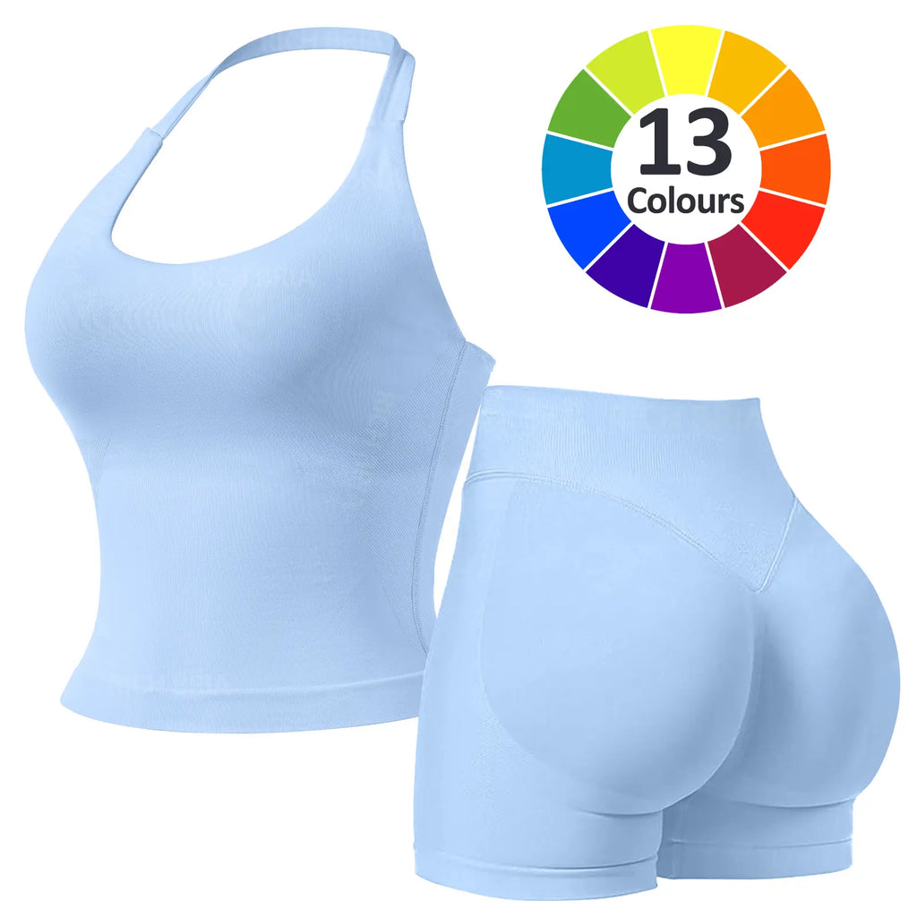 RICH BRIA Women'S Solid Color Halter Top & High Waist Shorts Sports Set, Sporty Breathable Quick Drying Outfits for Yoga Gym Fitness Running, Ladies Sportswear for Summer, Workout Clothes, Workout Gym Clothing, Athletic Sports Clothing, Athleisure Wear