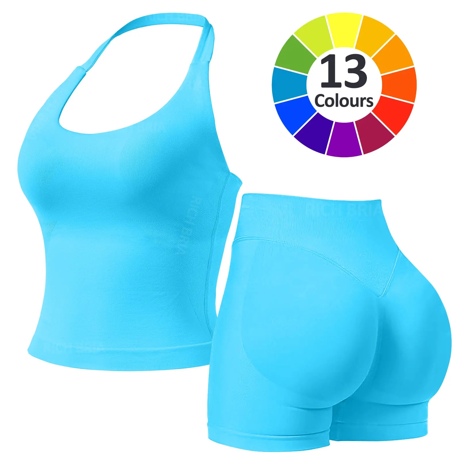 RICH BRIA Women'S Solid Color Halter Top & High Waist Shorts Sports Set, Sporty Breathable Quick Drying Outfits for Yoga Gym Fitness Running, Ladies Sportswear for Summer, Workout Clothes, Workout Gym Clothing, Athletic Sports Clothing, Athleisure Wear